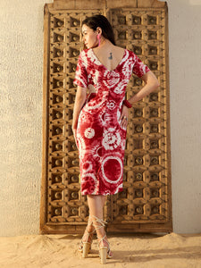 Pencil Fit Midi Dress in Maroon Tie & Dye