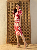 Pencil Fit Midi Dress in Maroon Tie & Dye