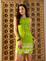 Kurta Neck Mini Dress with Side Pockets in Lime Green Tie & Dye