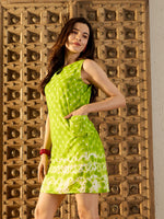 Kurta Neck Mini Dress with Side Pockets in Lime Green Tie & Dye