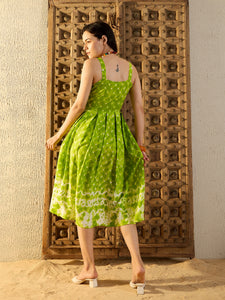 Strappy Box Pleat Midi Dress in Lime Green Tie & Dye