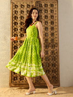 Strappy Box Pleat Midi Dress in Lime Green Tie & Dye