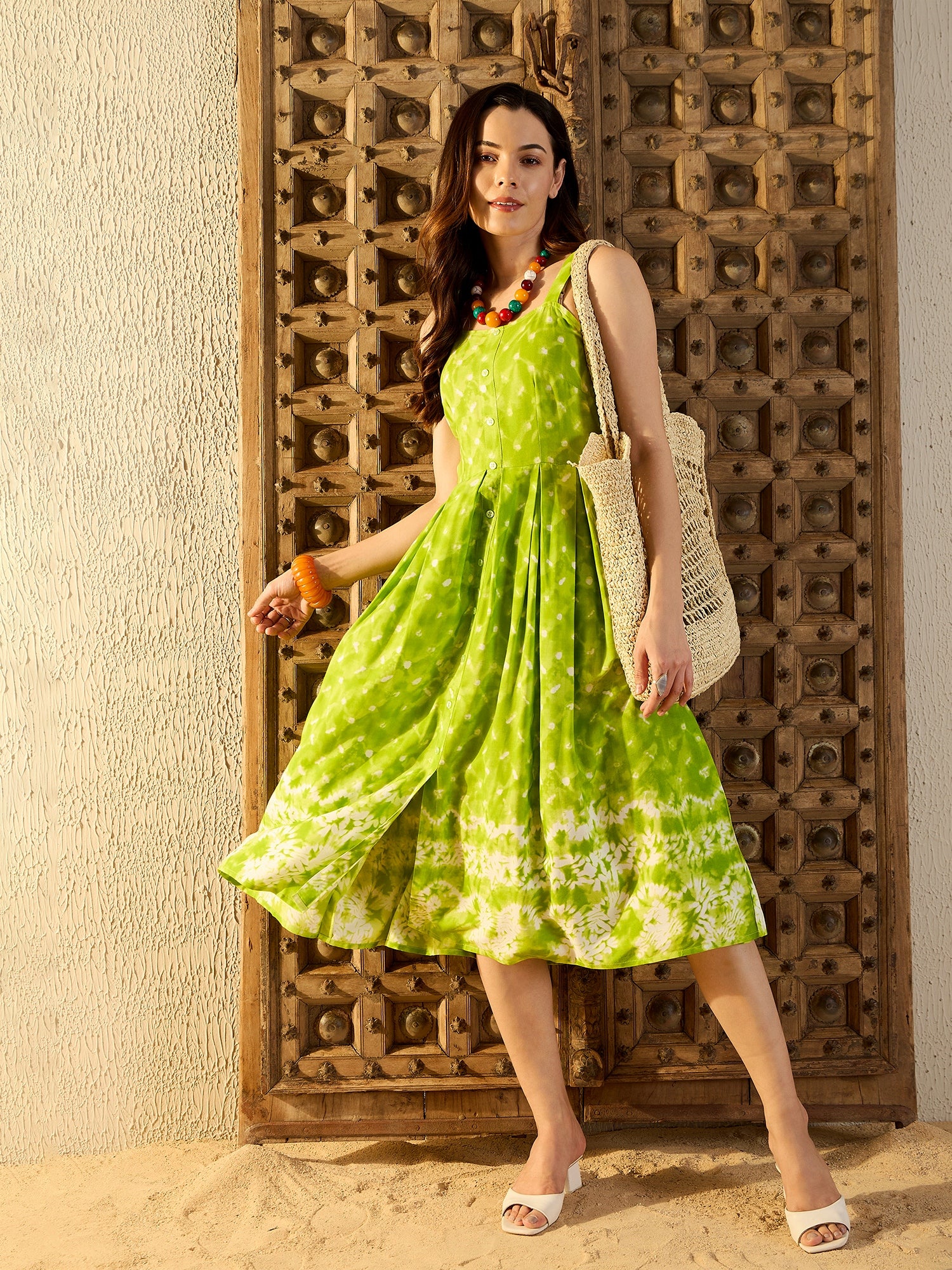 Strappy Box Pleat Midi Dress in Lime Green Tie & Dye