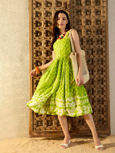 Strappy Box Pleat Midi Dress in Lime Green Tie & Dye