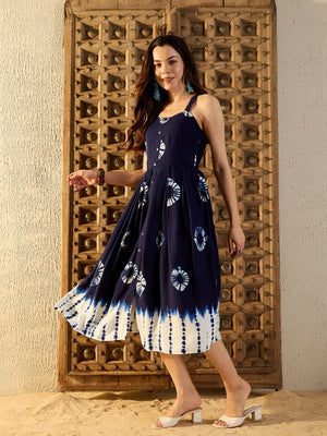 Strappy Box Pleat Midi Dress in Blue Tie & Dye