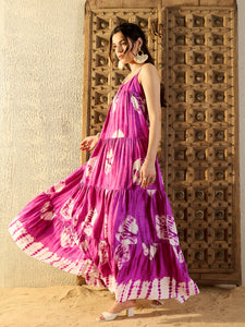 Strappy Layered Maxi Dress in Magenta Tie & Dye