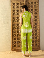Sleeveless Box Pleat Top with Pants Co-Ord Set in Lime Green Tie & Dye
