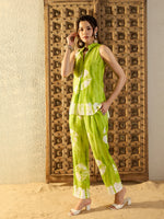 Sleeveless Box Pleat Top with Pants Co-Ord Set in Lime Green Tie & Dye