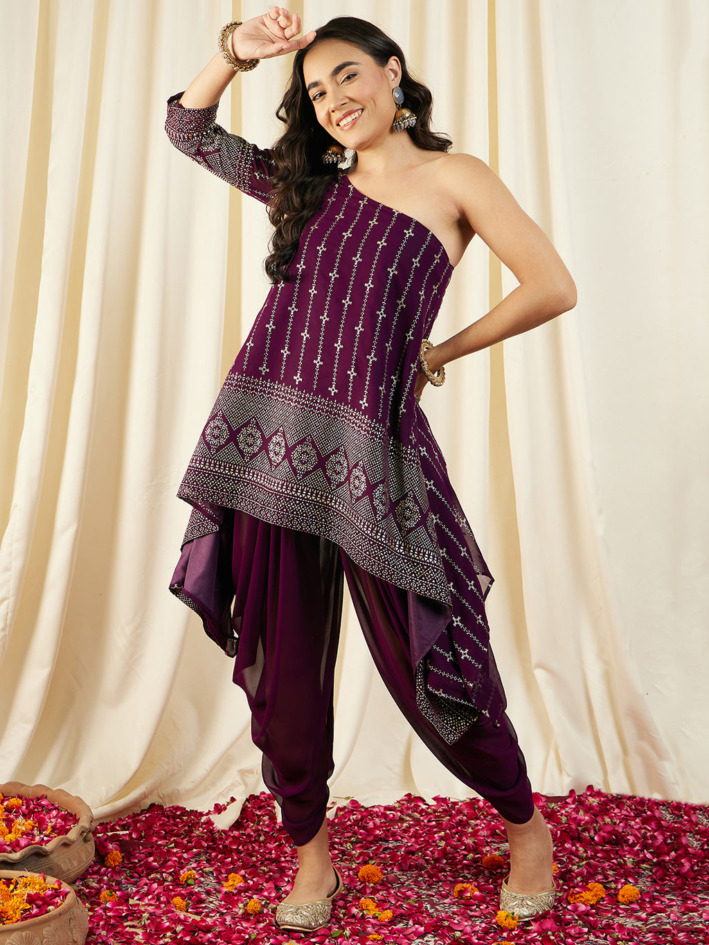 One Shoulder Assymettric Top with Dhoti Pants