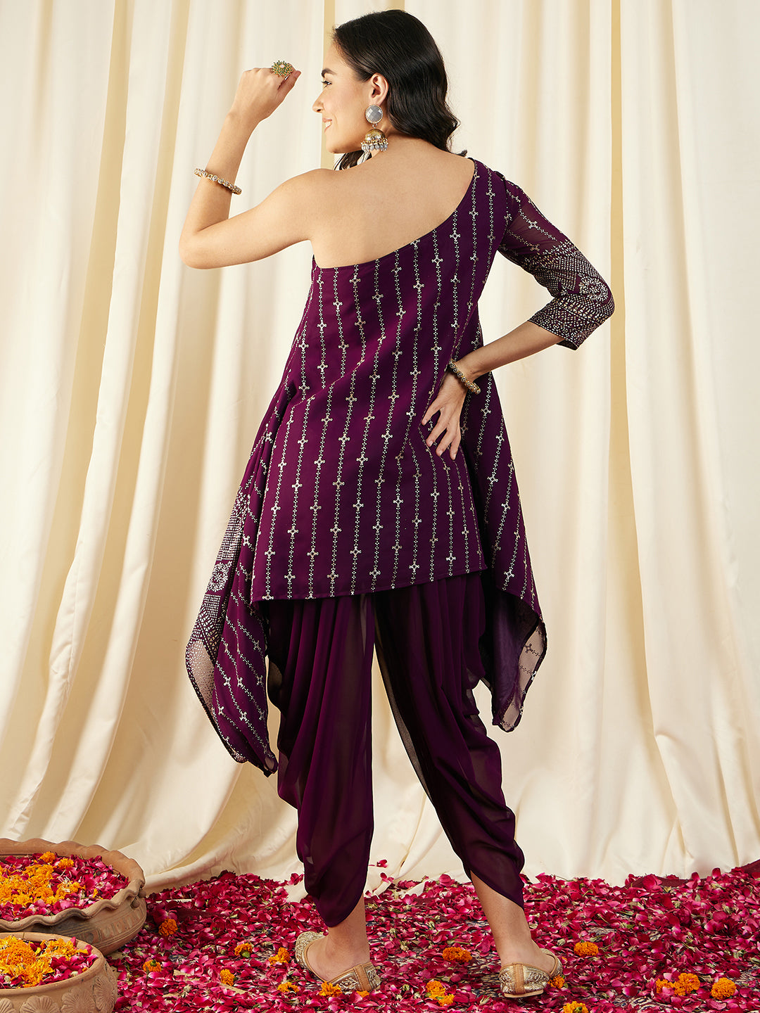 One Shoulder Assymettric Top with Dhoti Pants