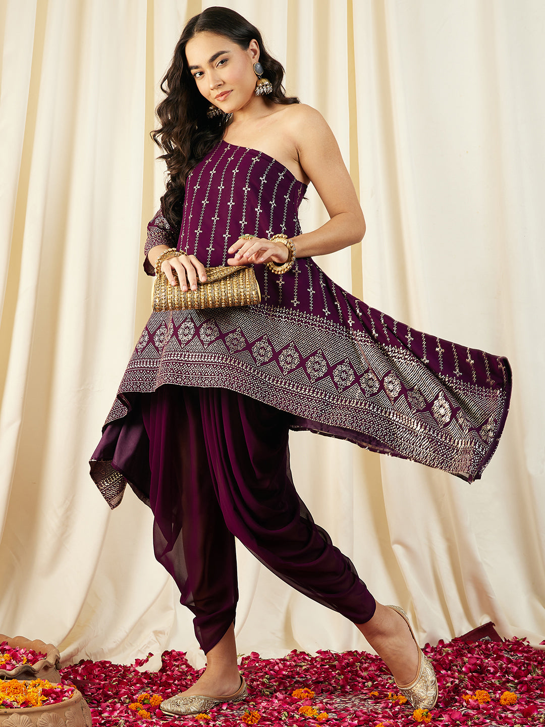 One Shoulder Assymettric Top with Dhoti Pants