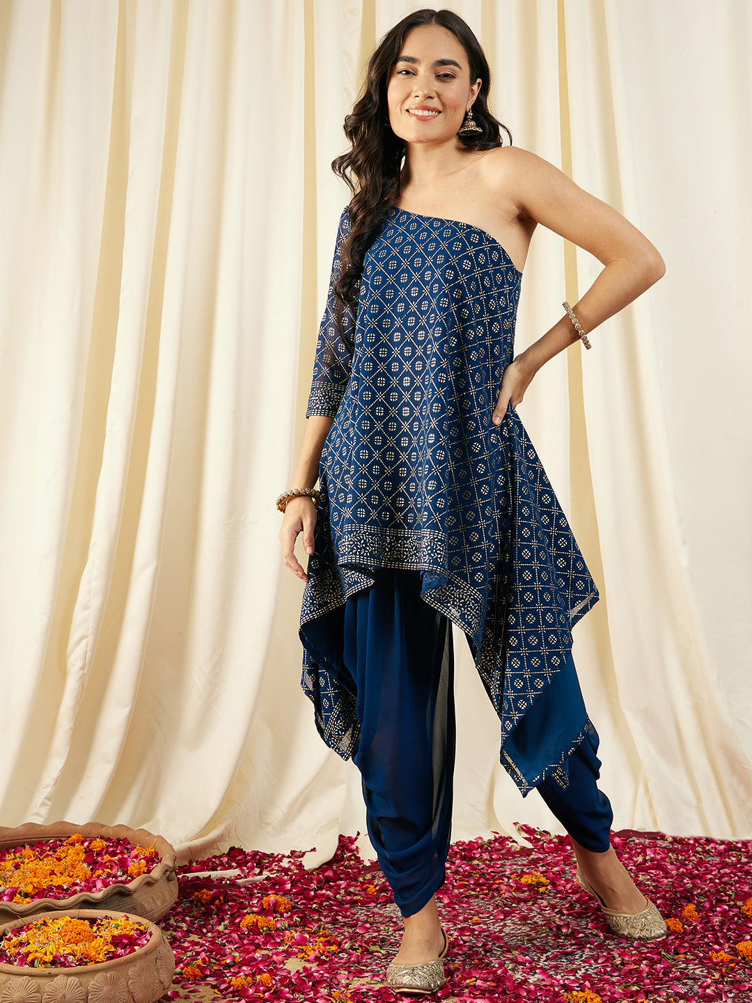 One Shoulder Assymettric Top with Dhoti Pants