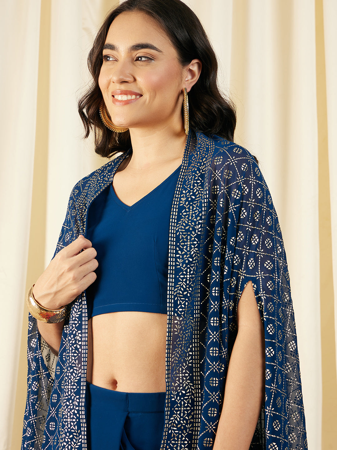 Crop Top with Draped Skirt And Cape in Blue Color