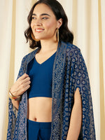 Crop Top with Draped Skirt And Cape in Blue Color