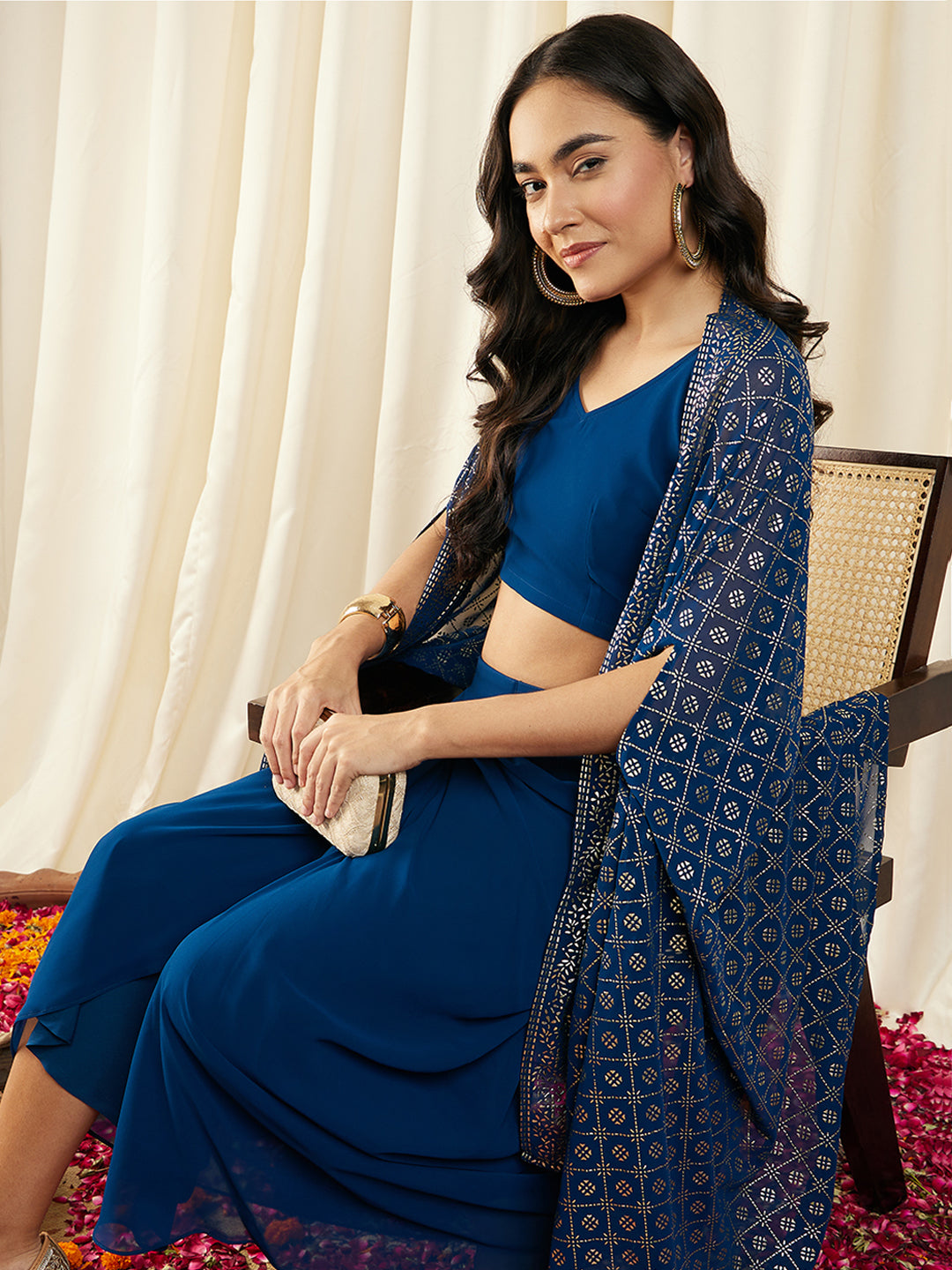 Crop Top with Draped Skirt And Cape in Blue Color