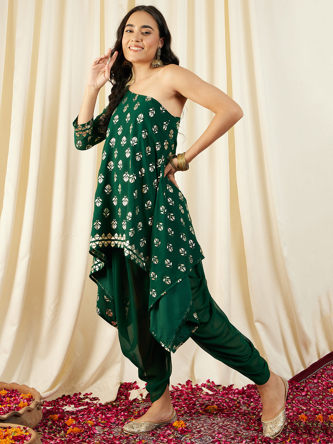 One Shoulder Assymettric Top with Dhoti Pants