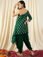 One Shoulder Assymettric Top with Dhoti Pants in Green Color