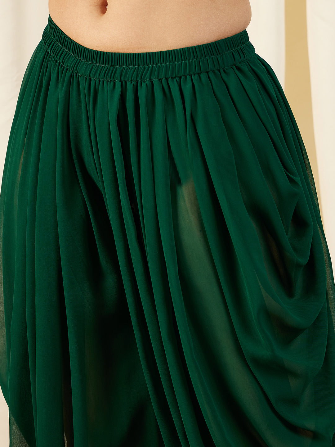 One Shoulder Assymettric Top with Dhoti Pants in Green Color
