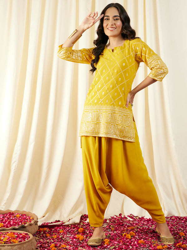 Short Kurta with Low Crotch Dhoti in Yellow Color