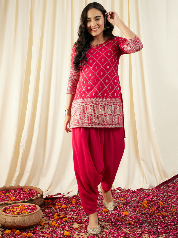Short Kurta with Low Crotch Dhoti in Magenta Color