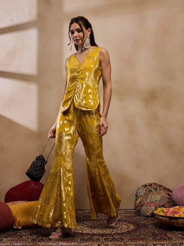 loop button waist coat with bell bottom pant in Yellow Color