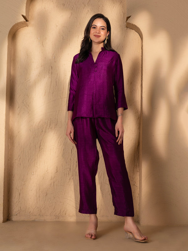Box Pleat Shirt with pants in Purple Silk