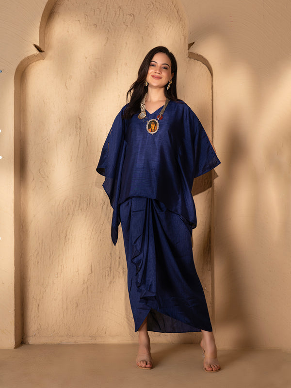 Kaftan with Dhoti Skirt in Navy Silk
