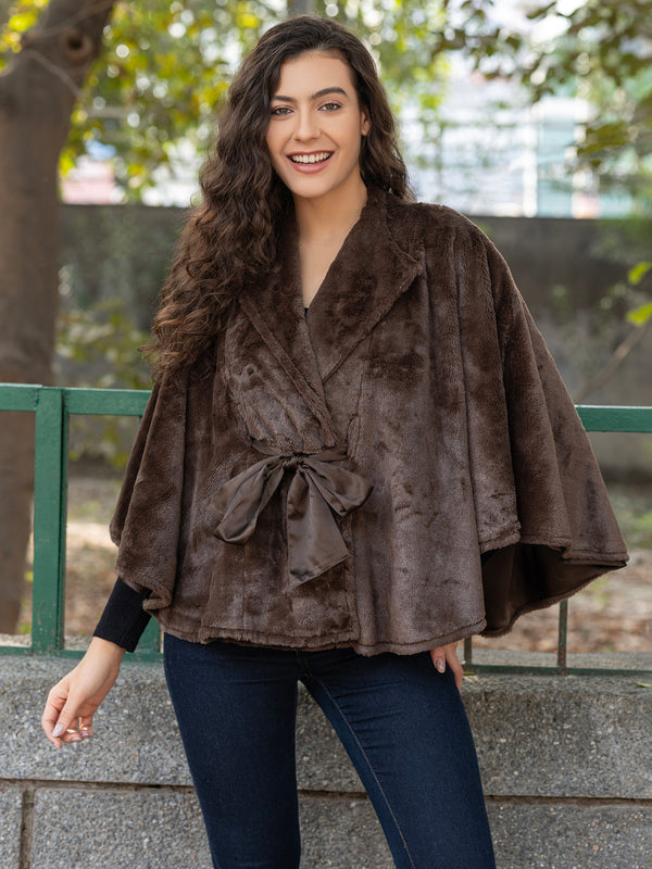 Fur Cape with Tie up in Brown