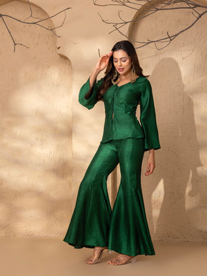 Peplum top with Kalidar Pants in Green Silk