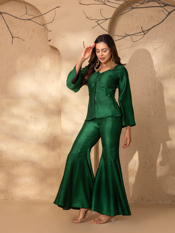 Peplum top with Kalidar Pants in Green Silk