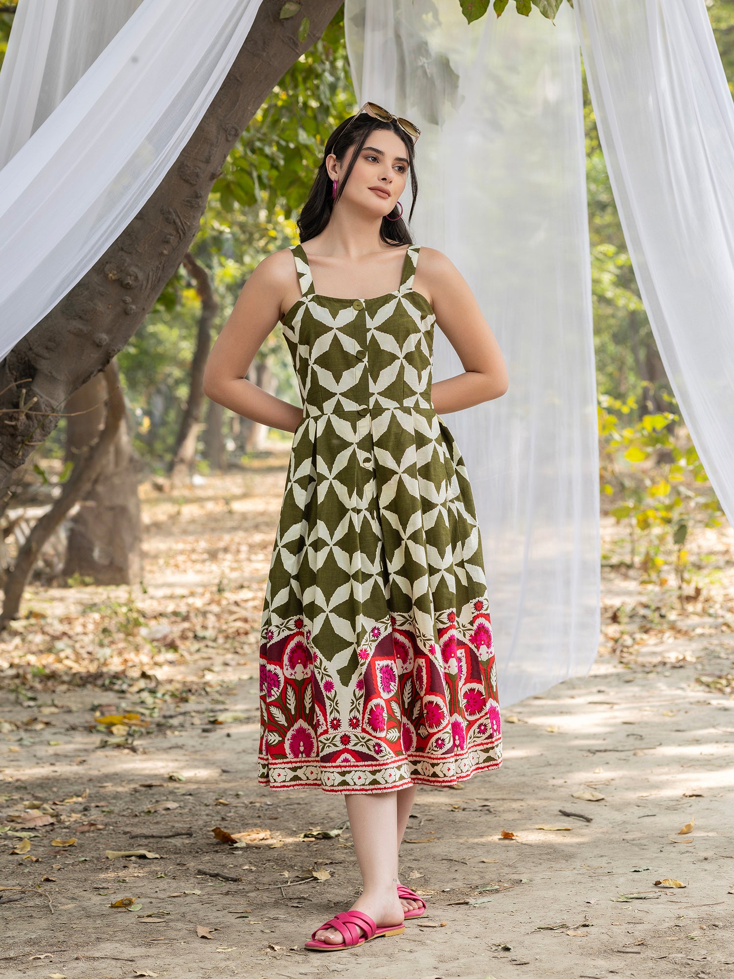 Strappy Box Pleat Midi Dress with Green and white big border print