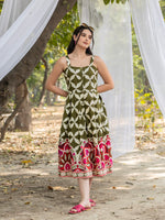 Strappy Box Pleat Midi Dress with Green and white big border print