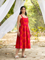 Strappy Box Pleat Midi Dress with IKKAT butti in pink and orange