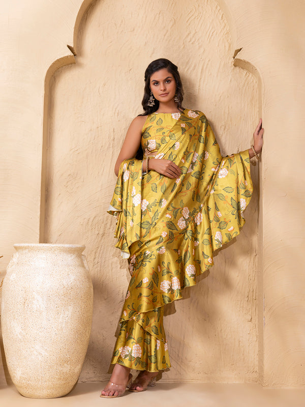 Pre-Draped Frill Sarree with Blouse in Lime Green Grape Print