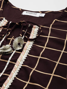 Kurta Pyajama with gota work in Brown Checks Print