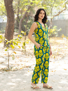 Waist Coat and Pants with IKKAT butti in teal blue and yellow