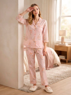 shirt pyjama Nightsuit set in floral simple buti on pink