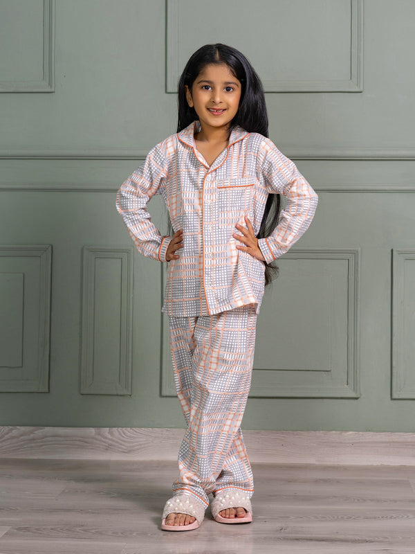 Kids Unisex Nightsuit Pyajamas & Shirt in Peach checks  Print