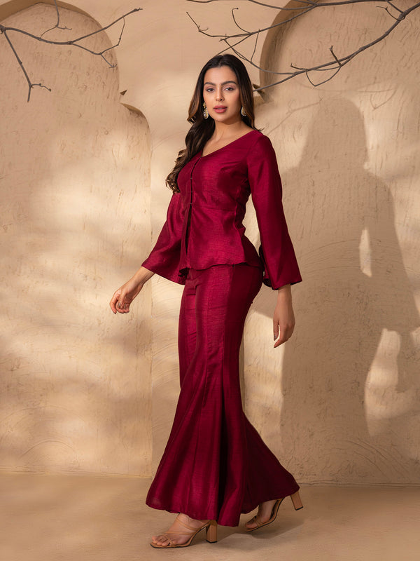 Peplum top with Kalidar Pants in Maroon Silk