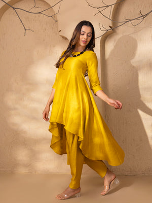 High Low Flare Kurta with Dhoti Salwar in Mustard Silk
