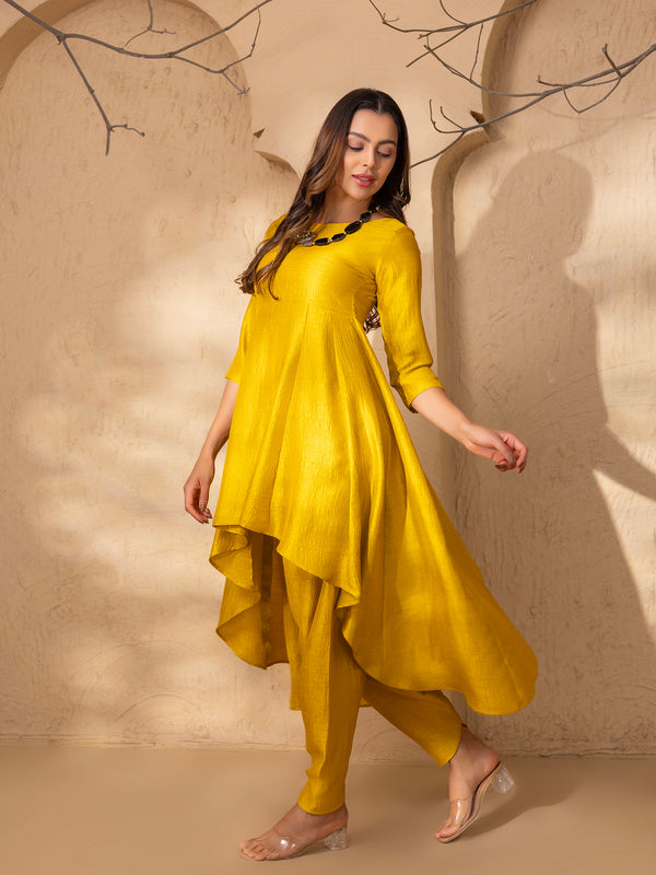 High Low Flare Kurta with Dhoti Salwar in Mustard Silk