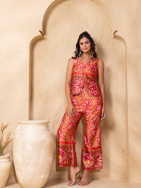Rounded waist coat with loop buttons and Pants in Border Red Gujrati Print