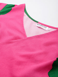Overlap crop top with flare pyjama set Pink Color Print