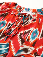 Mini Printed layered dress with balloon sleeve in Red Ikkat Print