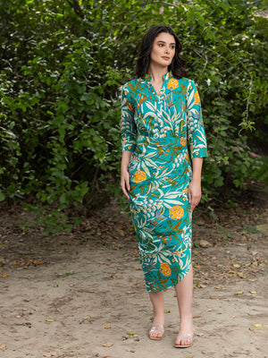 Asymmetric Cowl midi dress with tree print mint blue