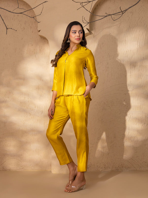 Box Pleat Shirt with pants in Mustard Silk