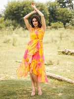Overlap Frill Asymmetric Dress in Yellow Color