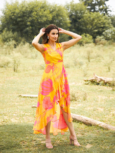 Overlap Frill Asymmetric Dress in Yellow Color