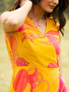 Overlap Frill Asymmetric Dress in Yellow Color