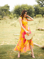 Overlap Frill Asymmetric Dress in Yellow Color